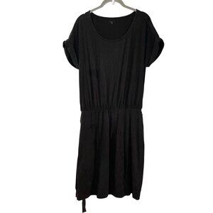 Garnet Hill Black Short-Sleeve Tie-Waist Dress‎ Organic Cotton Lyocell Soft M